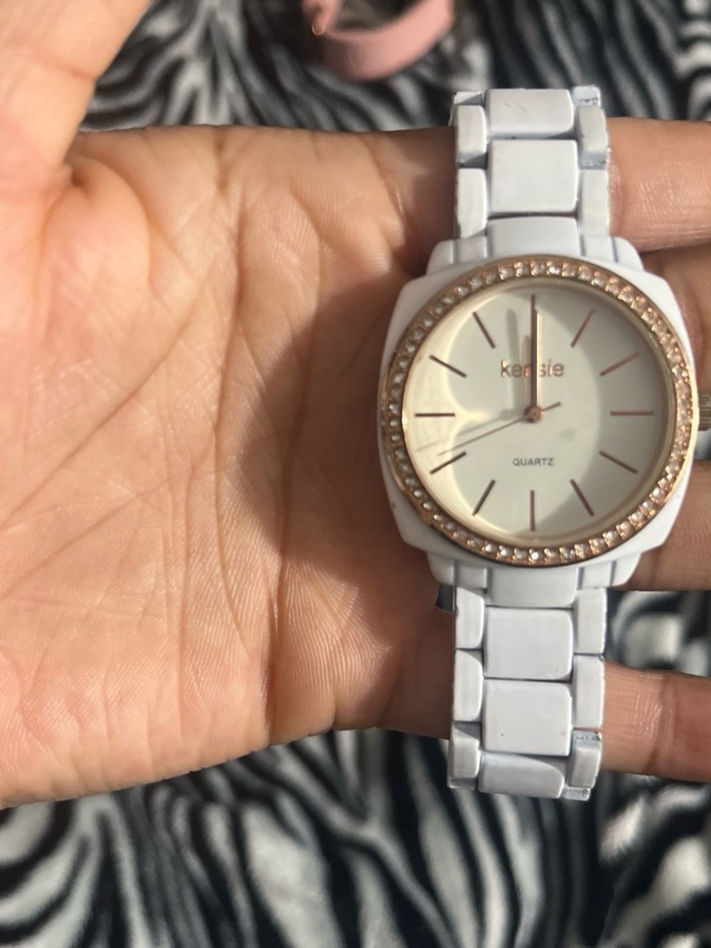 Kensie White Ceramic-Look Watch with Rose Gold Crystal Bezel